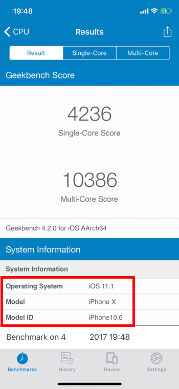 Тестирование в программе Geekbench 4. Программа определяет телефон как оригинал.