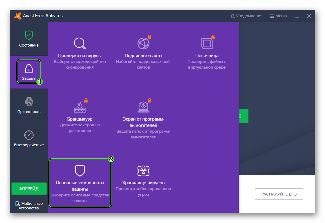 Опция Основные элементы защиты в окне Avast Free Antivirus