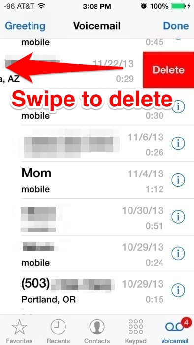 Swipe to delete Voicemail messages on the iPhone