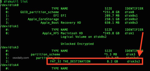 Find the disk identifier with diskutil list to direct dd to