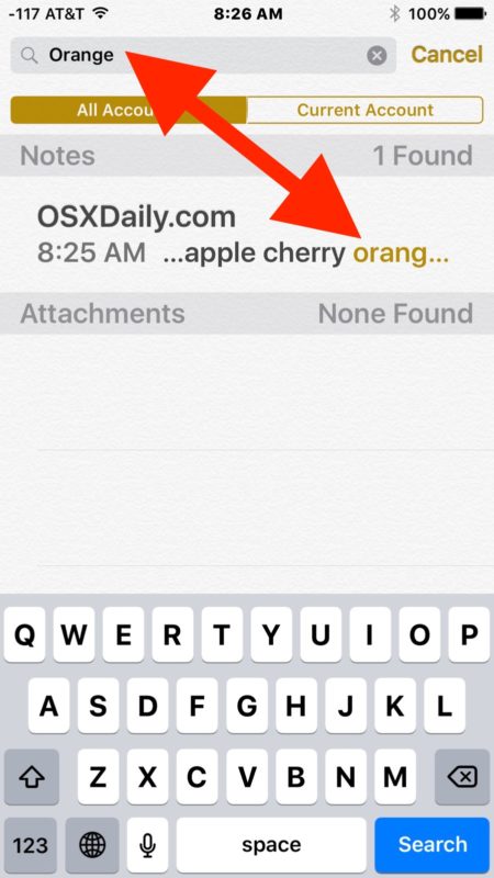 Searching for a term or keyword in Notes on iPhone and iPad
