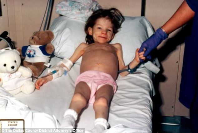 Tortured: Lauren, who was eight when she was found in 2001, weighed the same as a two-year-old. She is pictured in the hospital shortly after she was admitted; staff said it was the worst abuse case they