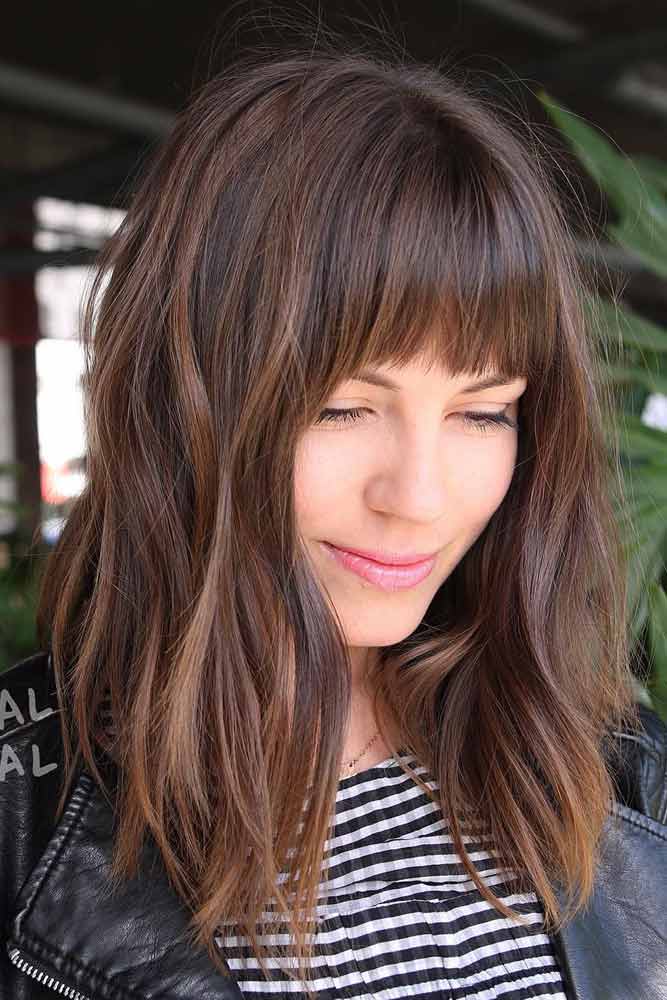 A-line Blunt Lob Hairstyles With Bangs #haircutswithbangs #haircuts #mediumhaircut #brownhair #straighthair