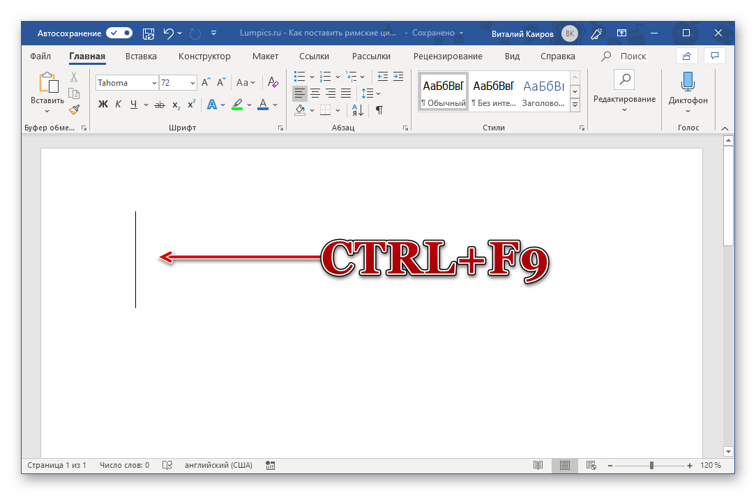 Место для ввода формулы для римских цифр в программе Microsoft Word