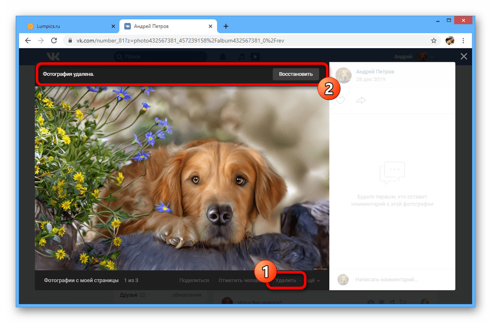Пример удаления фотографии на сайте ВКонтакте