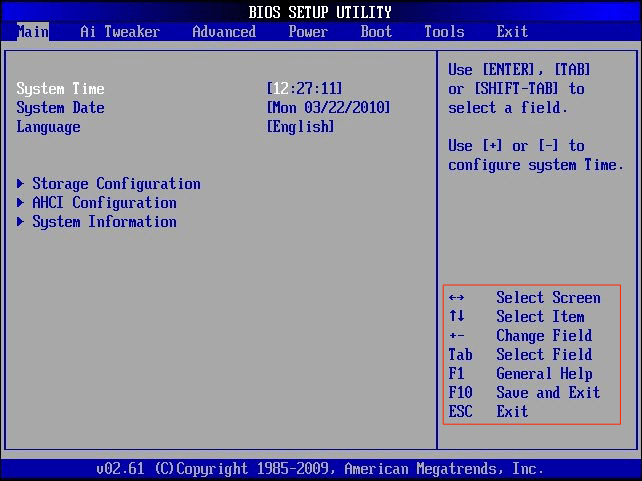 Управление меню AMI BIOS