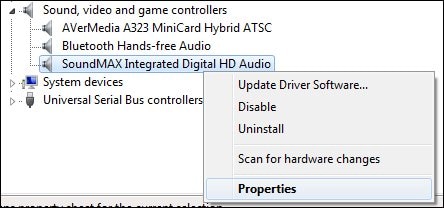  Device Manager, audio device properties