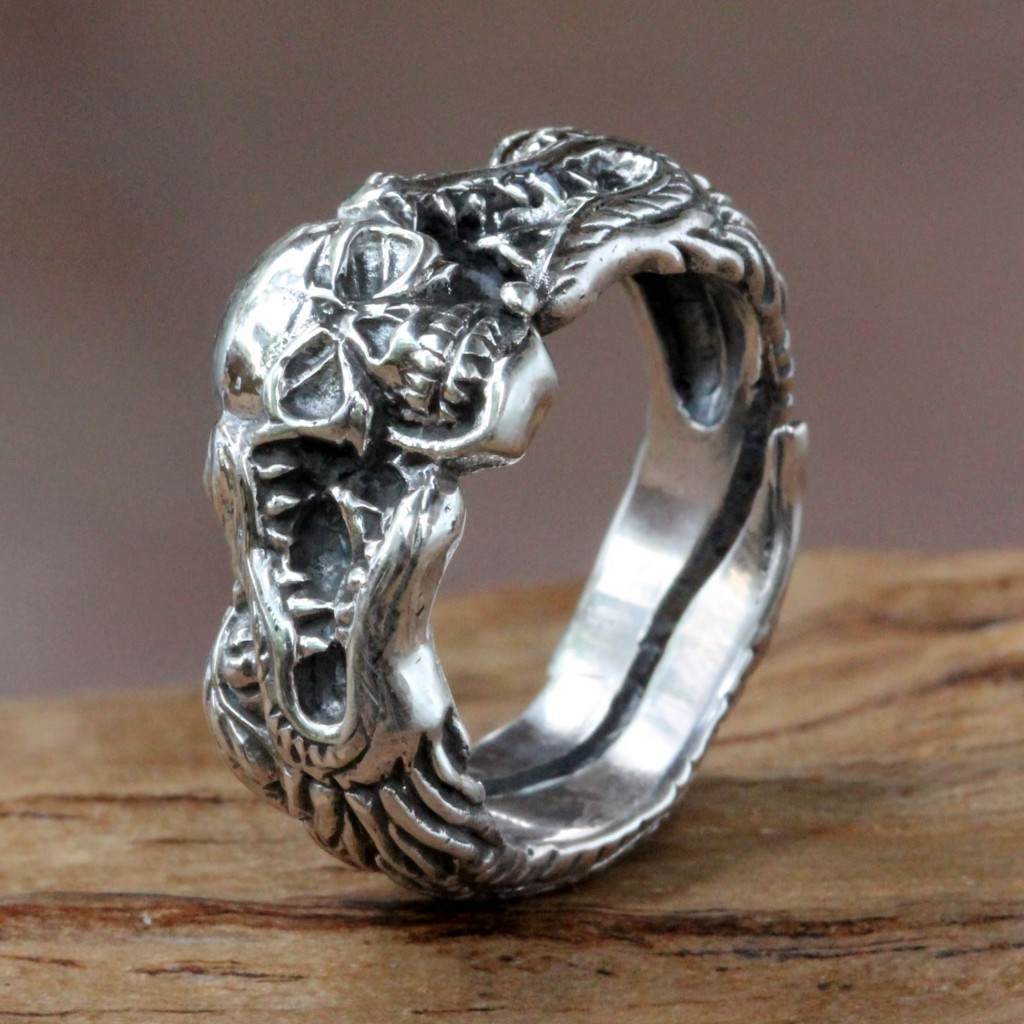 Sterling Silver Skull and Dragon Ring from Bali, 