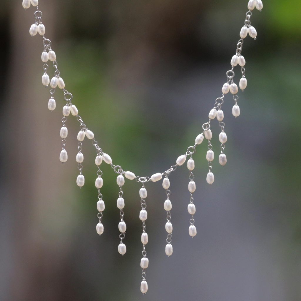 Cultured Pearl Sterling Silver Waterfall Necklace from Indonesia, 