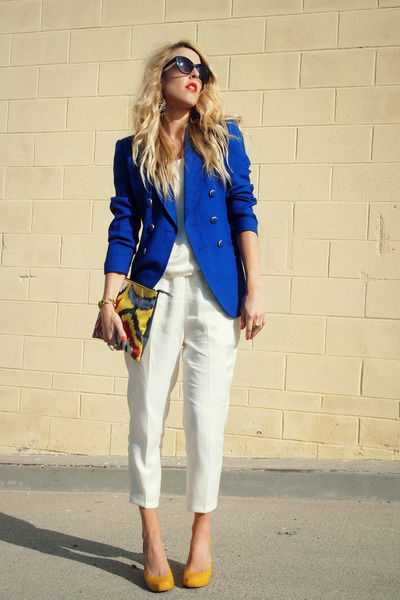 Синий жакет – женские модели, с чем носить, с серыми брюками
